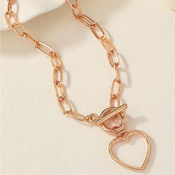 Rose Gold Heart Pendant Chain Necklace w/ Toggle Clasp - Picture 2 of 7